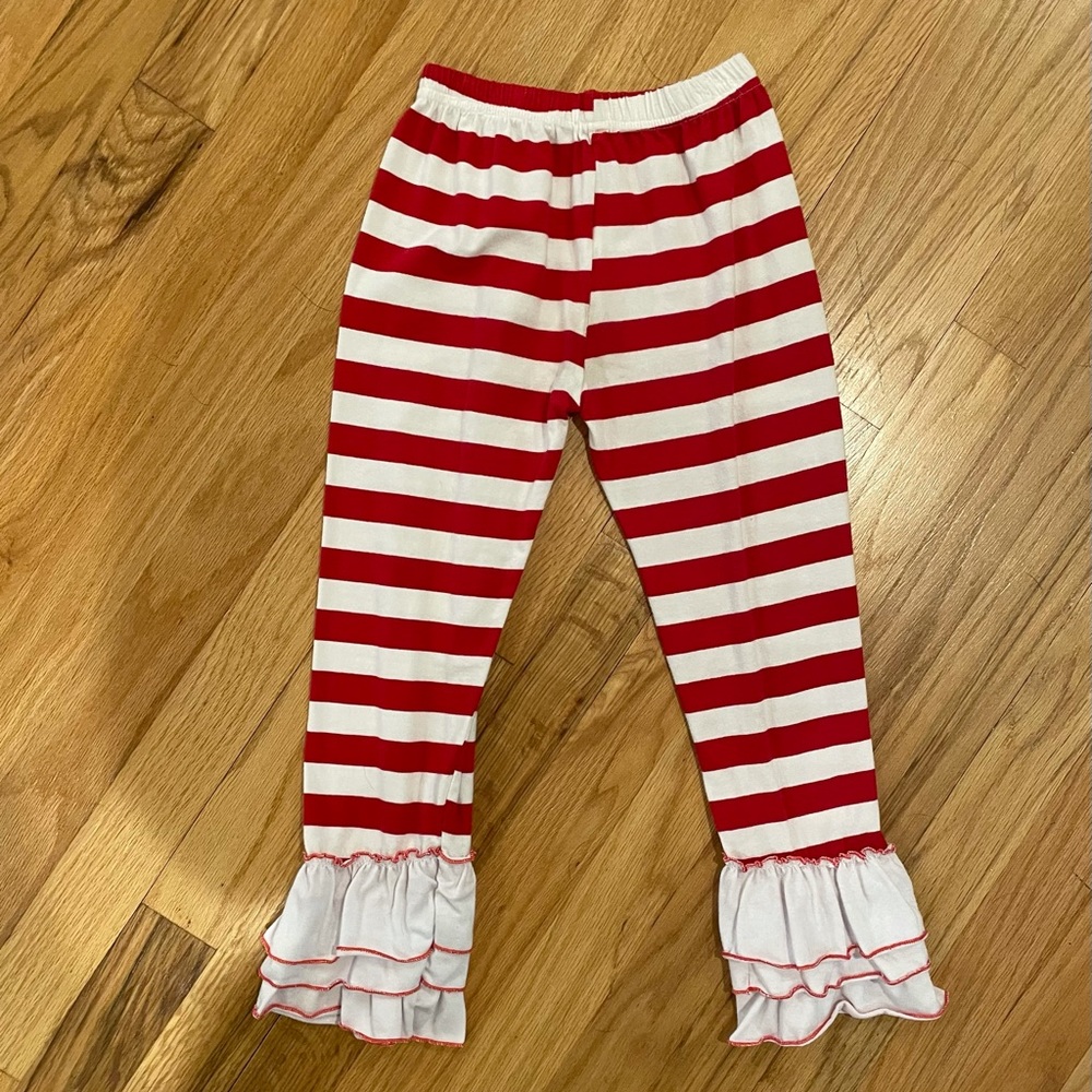 Girls red and white striped candy cane ruffle leggings, size 7/8, EUC
